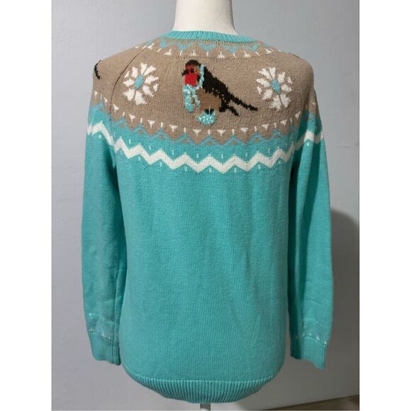 Talbots aqua Fair Isle bird print pullover lambswool blend sweater MP - Picture 7 of 9